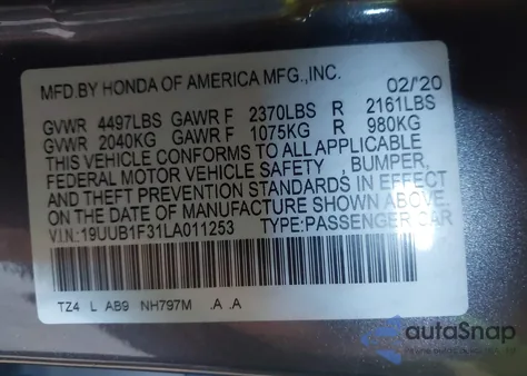 2020 Acura Tlx Standard from USA, damaged, VIN 19UUB1F31LA011253